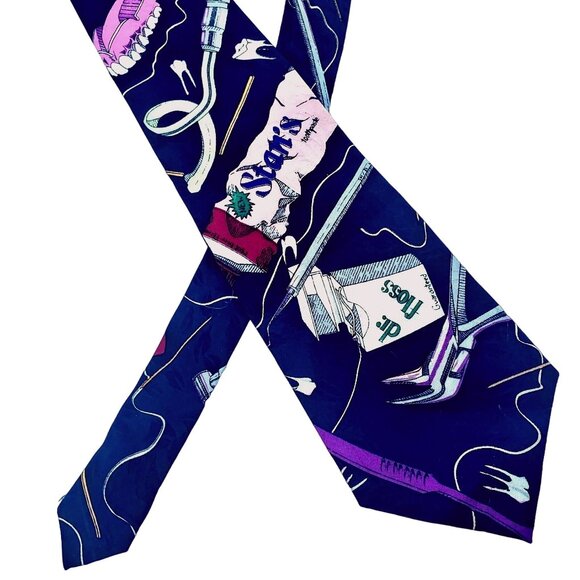 Vintage Nicole Miller 1992 Tie Novelty Graphic Print Teeth Dentist Wide Funny - Picture 1 of 10